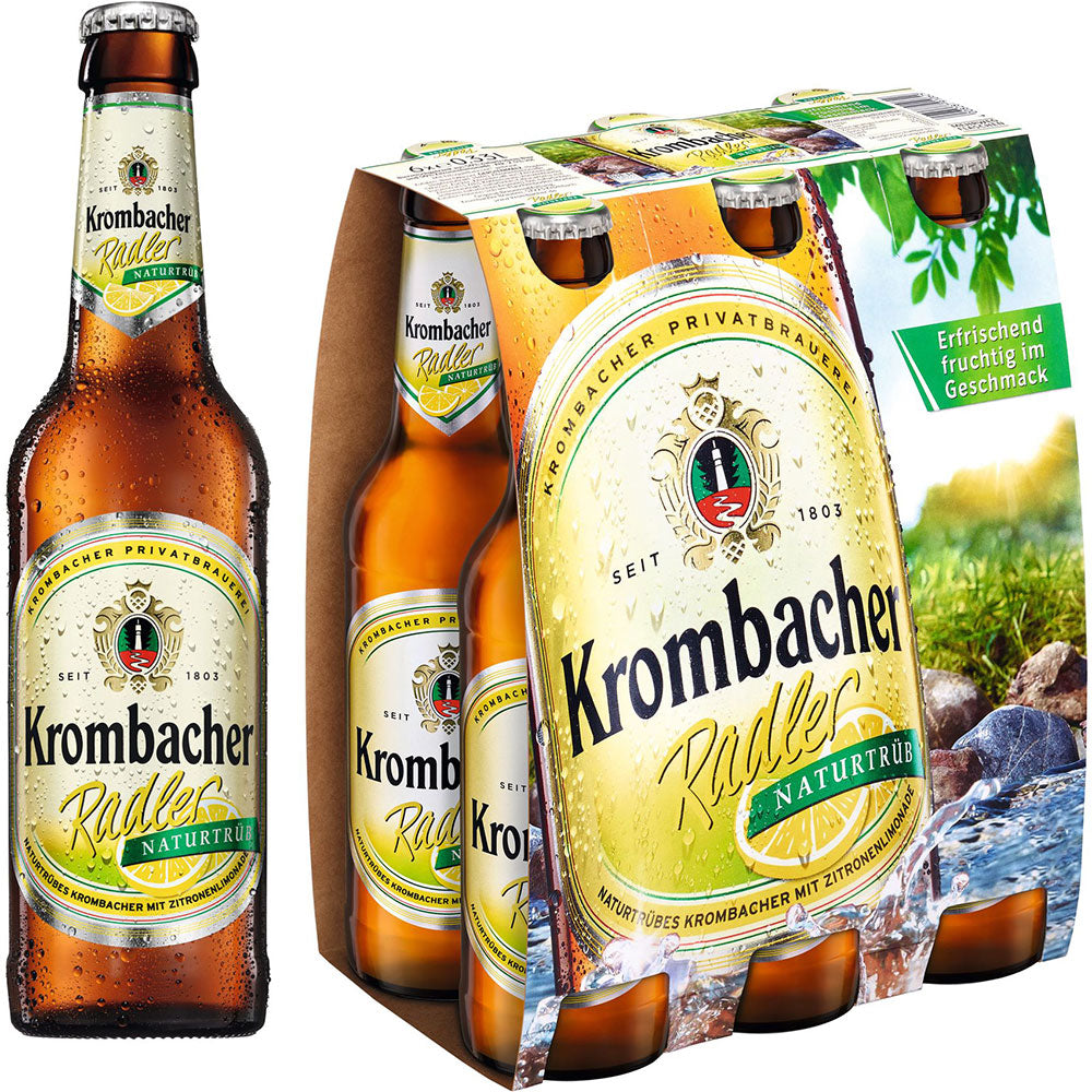 Krombacher Radler Naturtrüb 4x6er 24x0,33L (MEHRWEG) von Krombacher kommt in grün-gelb etikettierten Flaschen mit Outdoor-Verpackung und erfrischendem Zitronenlimonaden-Geschmack.