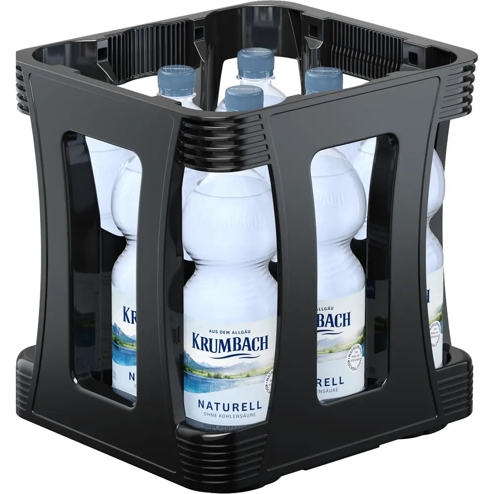Neun 1-Liter-Flaschen Krumbach Naturell stilles Mineralwasser (Einweg-PET) in einer schwarzen Kunststoffkiste.