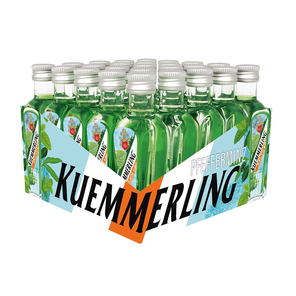 Fünfundzwanzig Mini-Flaschen Kümmerling Pfefferminzlikör 21% (0,02l) werden in einer Verpackung mit auffälligem Kümmerling-Branding präsentiert.