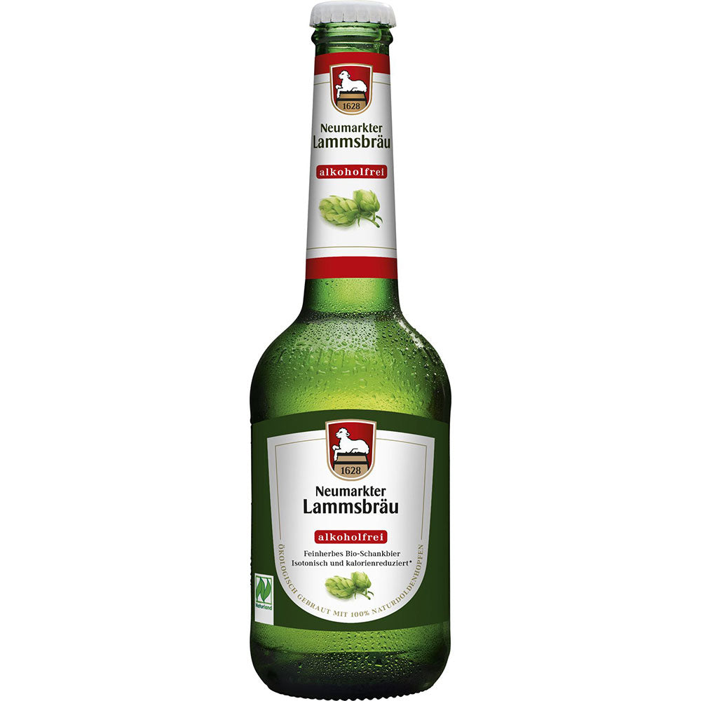 Eine grüne Glasflasche von Neumarkter Lammsbräu Lammsbräu Bio Alkoholfrei 20x 0,33 Liter (MEHRWEG), ein alkoholfreies Bio-Bier mit einem weiß-roten Etikett.