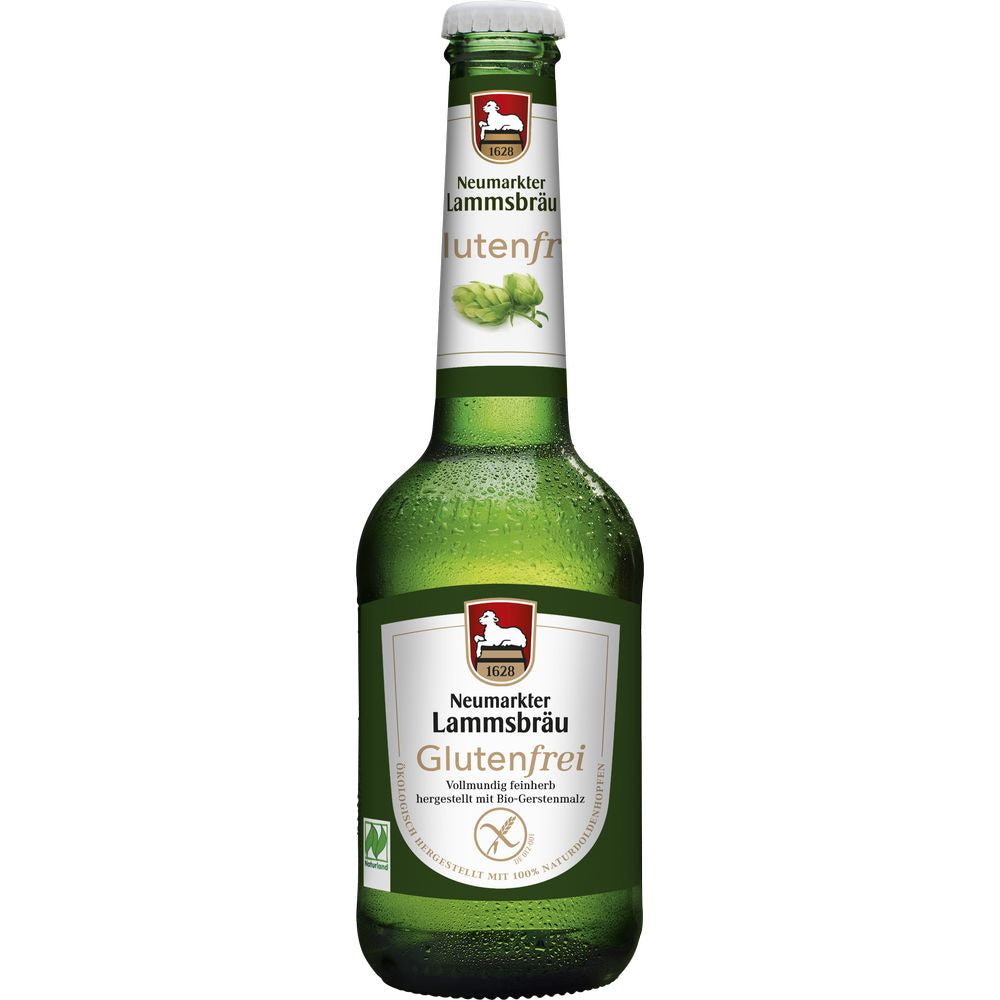 Eine grüne Glasflasche Neumarkter Lammsbräu Bio Glutenfrei 10x 0,33 Liter (MEHRWEG) mit einem weiß-grünen Etikett weist auf diese erfrischende glutenfreie Variante hin.