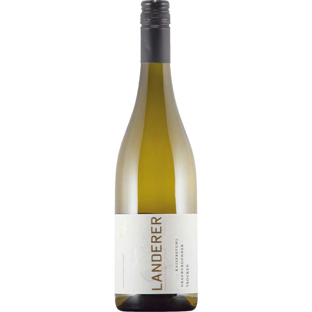 Eine Flasche Landerer Kaiserstuhl Grauburgunder trocken 2024 Weißwein mit weißem Etikett und schwarzem Schraubverschluss. Dieser elegante Landerer Weißwein aus Deutschland unterstreicht Stil und Qualität aus der renommierten Region Kaiserstuhl.