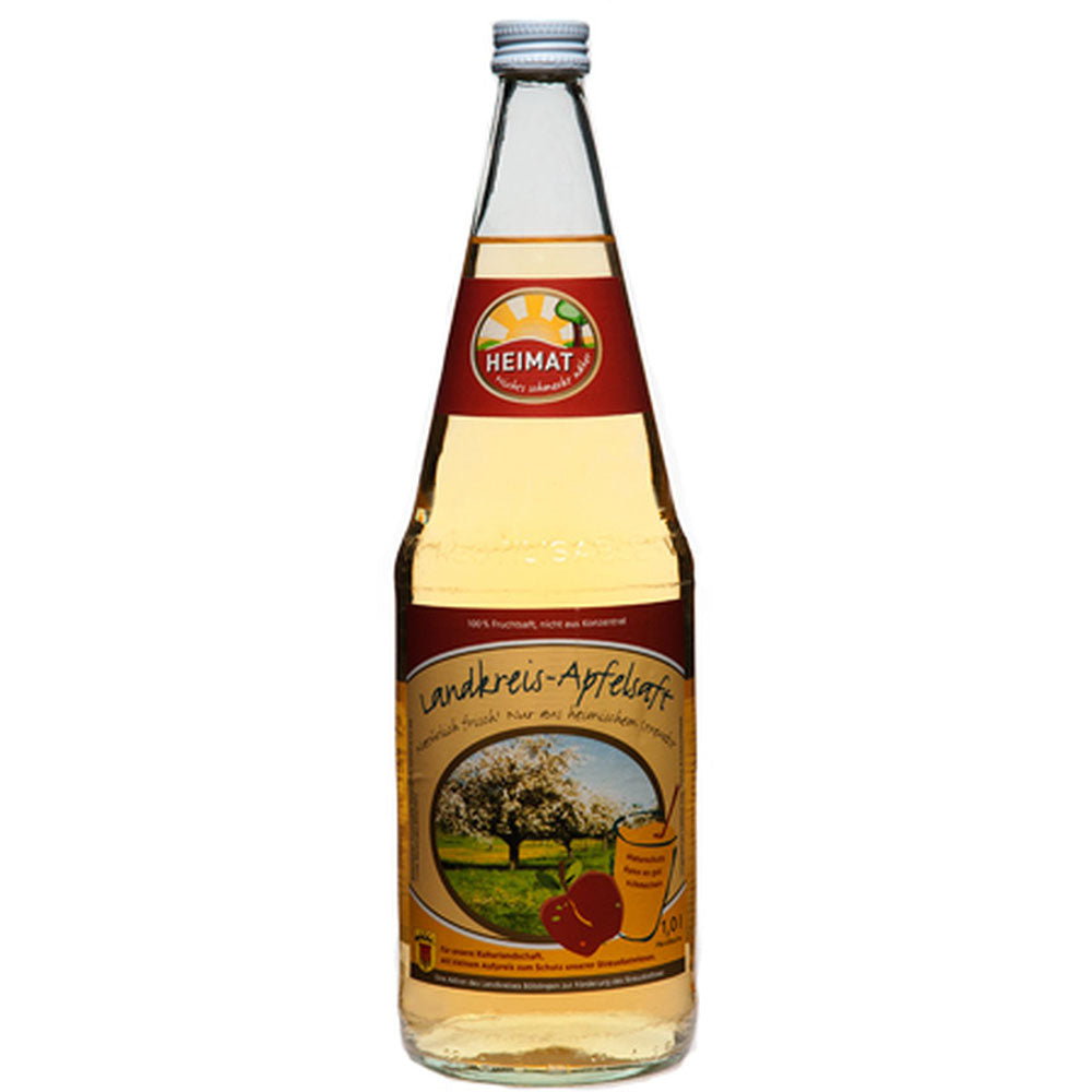 Klarglasflasche von Bittenfelder Fruchtsäfte Landkreis Böblingen Apfelsaft klar (6x 1L Mehrweg), mit einem Etikett mit Äpfeln und einer Obstgartenszene.