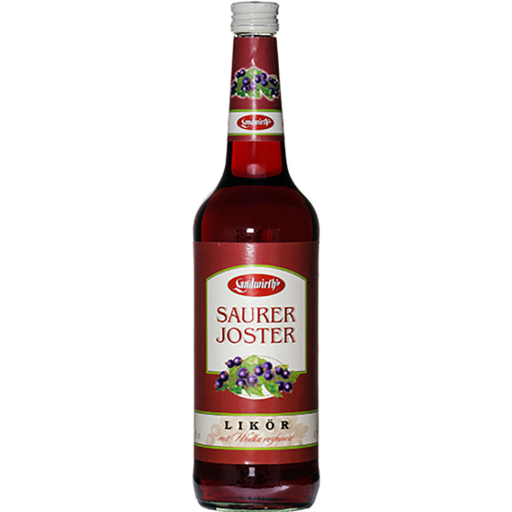 Eine 0,7-Liter-Flasche Landwirth Saurer Joster Jostabeerenlikör (15%) mit einem Etikett mit schwarzen Johannisbeeren und Blättern.