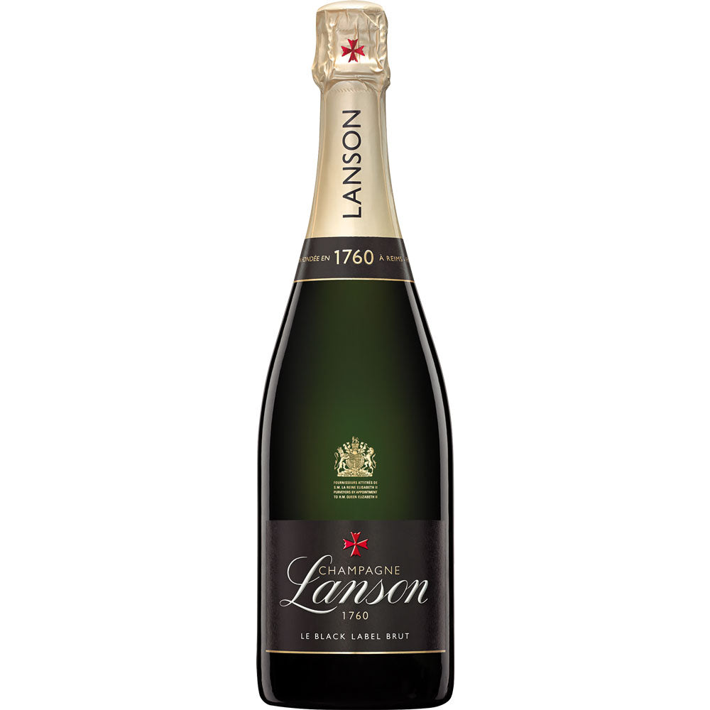 Eine 0,75-Liter-Flasche Lanson Champagner Black Label Brut mit dem eleganten Markenzeichen von Lanson, dem charakteristischen schwarzen Etikett und dem Goldfolienverschluss.