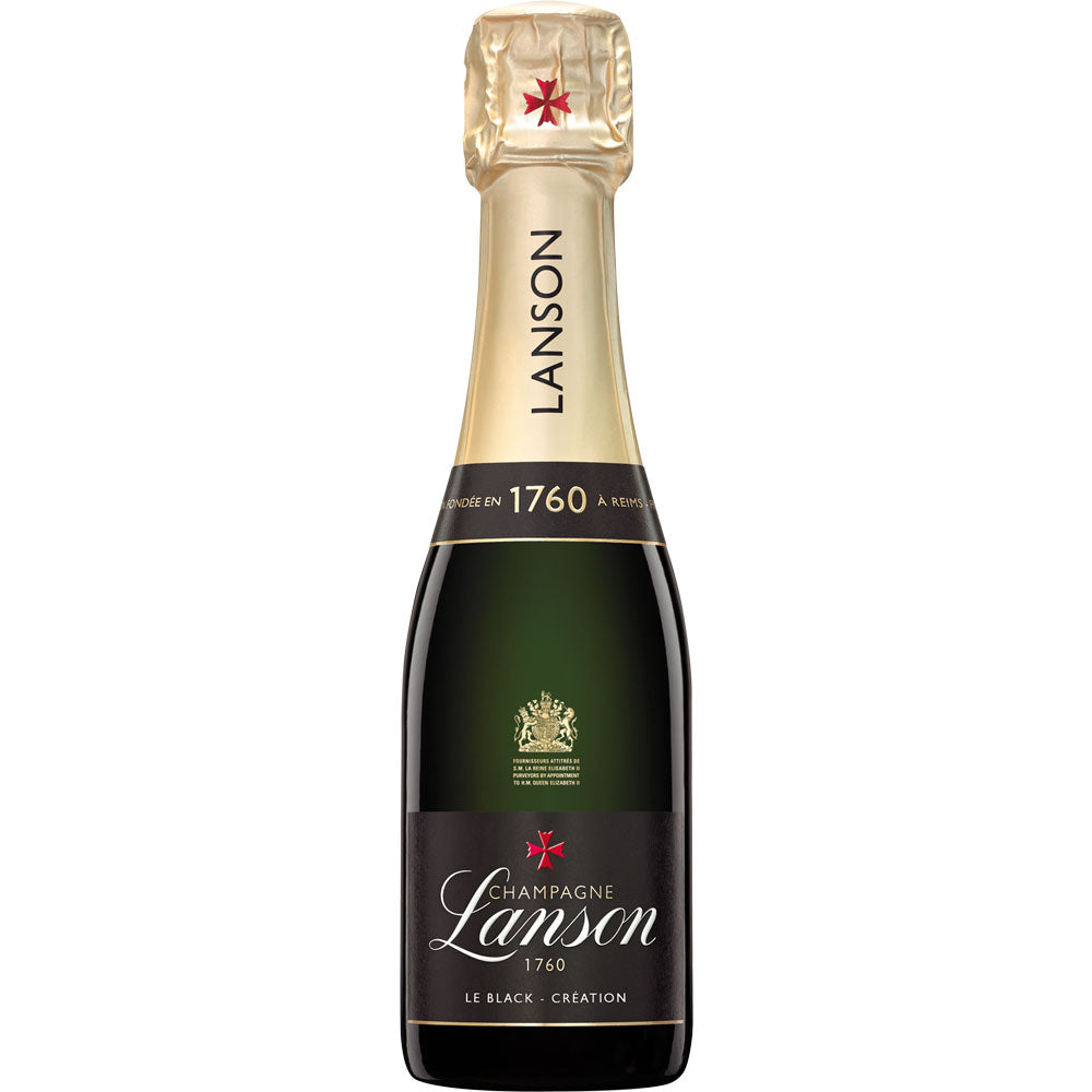 Eine 0,2-Liter-Flasche Lanson Champagner Le Black Creation mit Goldfolie und schwarzem Etikett ist der perfekte elegante Champagner von Lanson für jeden besonderen Anlass.