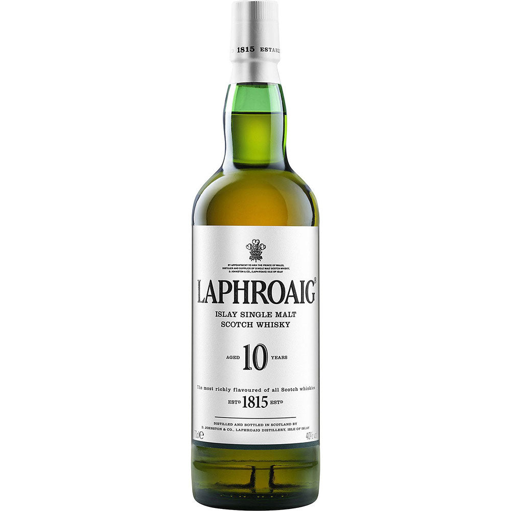 Eine 0,7-Liter-Flasche Laphroaig 10 Jahre Single Malt Scotch Whisky (40%), bekannt für seinen klassischen Islay-Charakter und das charakteristische weiße Etikett.
