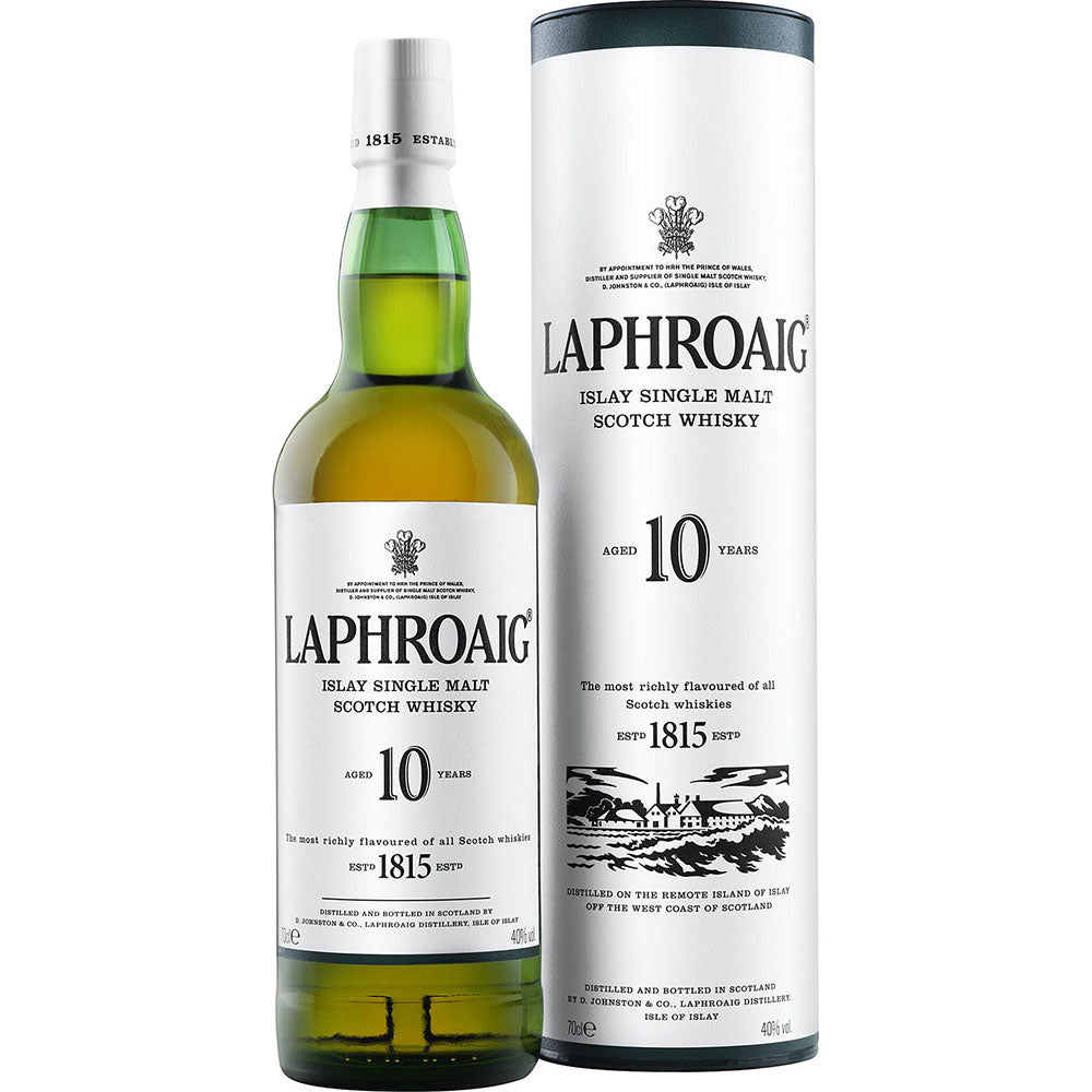 Laphroaig 10 Jahre Single Malt Scotch Whisky 40% Vol. 0,7L Flasche mit klassischer zylindrischer Verpackung-ein renommierter Islay Whisky von Laphroaig.