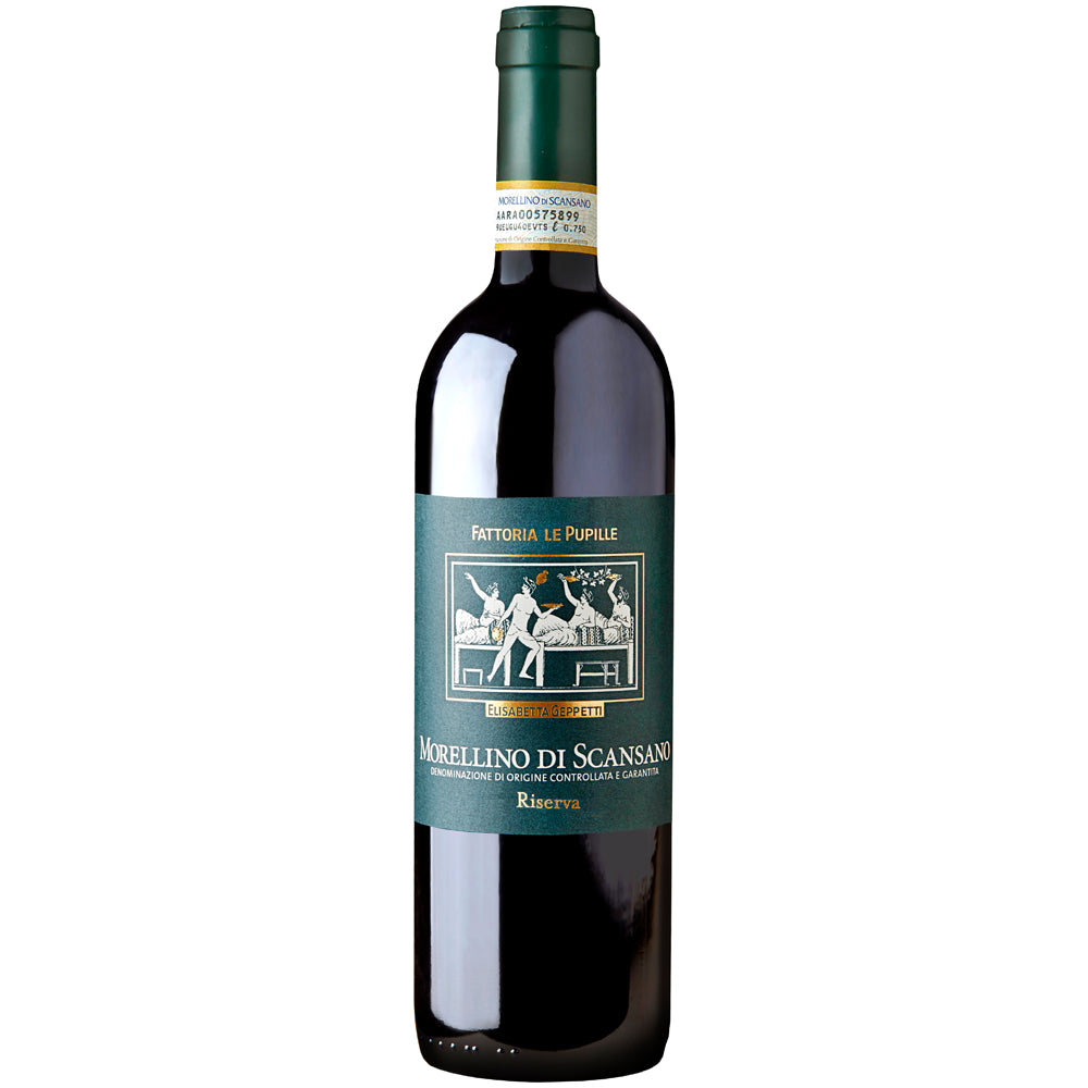 Eine Flasche „Le Pupille Morellino di Scansano Riserva DOCG 2020“ von der Fattoria Le Pupille, ein erlesener toskanischer Rotwein, der hauptsächlich aus Sangiovese-Trauben gekeltert wird und sich durch ein grünes Etikett mit goldenen Akzenten auf weißem Hintergrund auszeichnet.