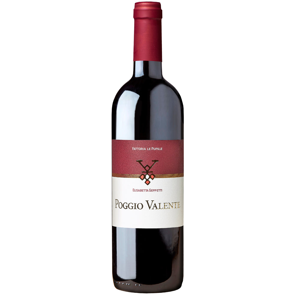 Eine Flasche Rotwein „Fattoria Le Pupille Poggio Valente Toscana Rosso IGT 2019“ mit rotem Folienverschluss und einem weiß-roten Etikett, meisterhaft gekeltert aus den besten Sangiovese-Trauben der Maremma.