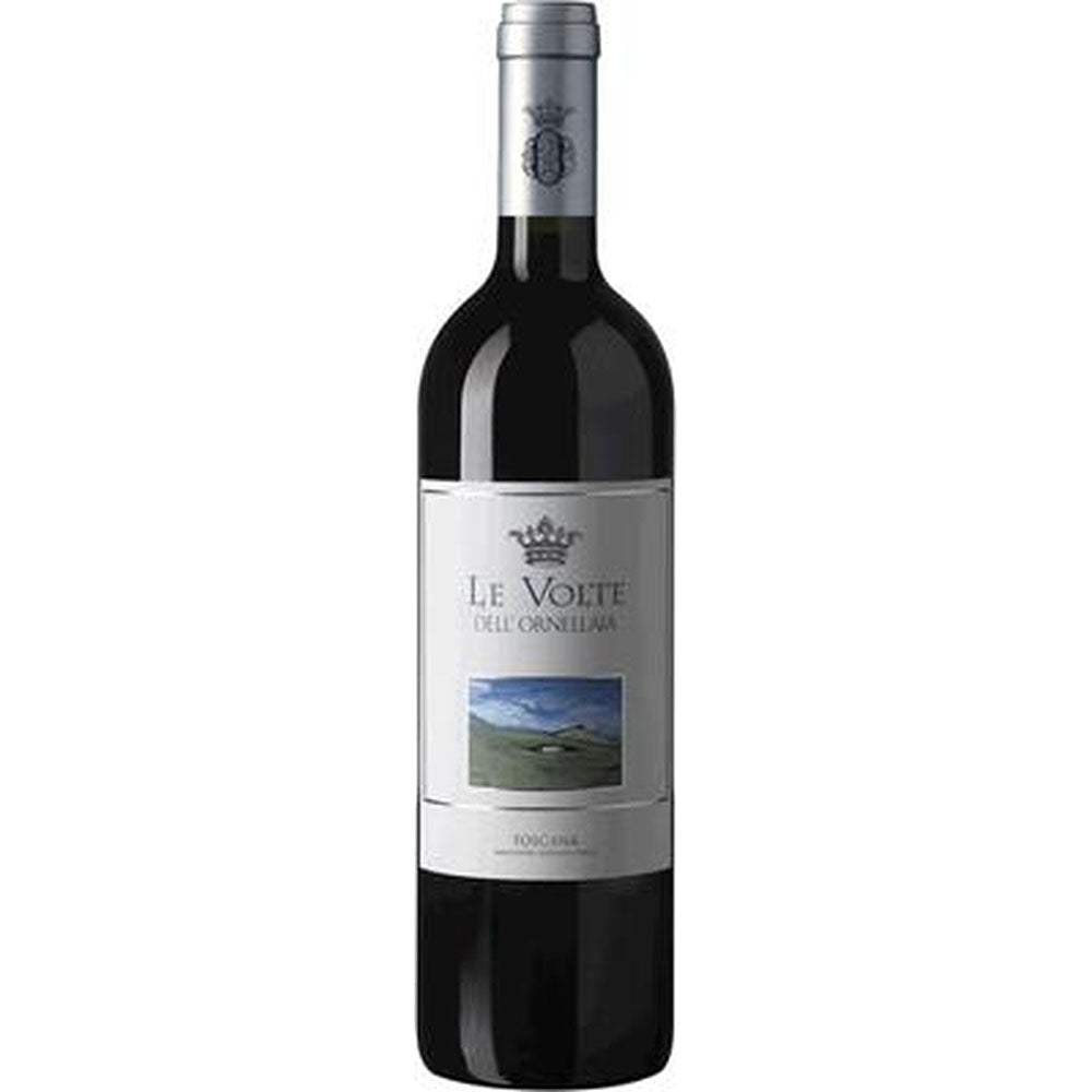 Eine Flasche Le Volte Dell'Ornellaia Indicazione 2023 von Ornellaia, ein toskanischer Rotwein mit silbernem Etikett und Landschaftsmotiv.