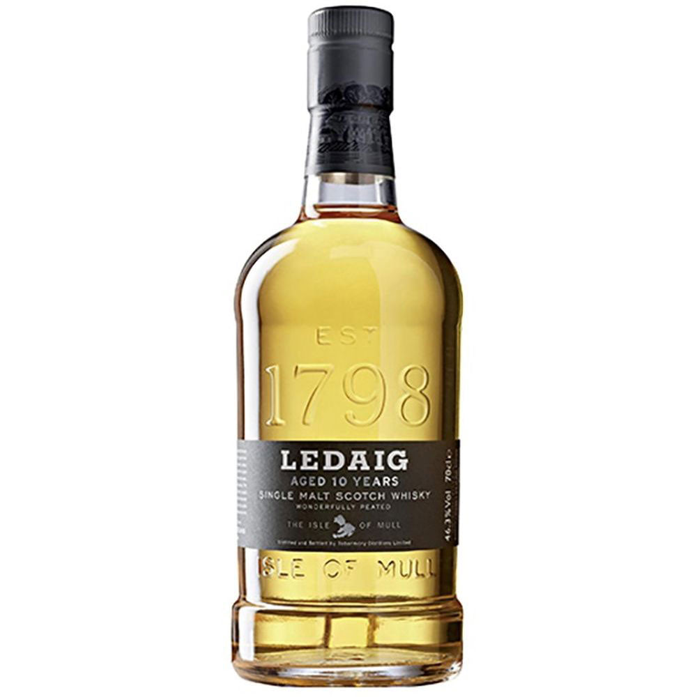 Eine 0,7-Liter-Flasche Ledaig 10 Years Single Malt Scotch Whisky (46,3%), eine unverwechselbare Spirituose von der Isle of Mull.