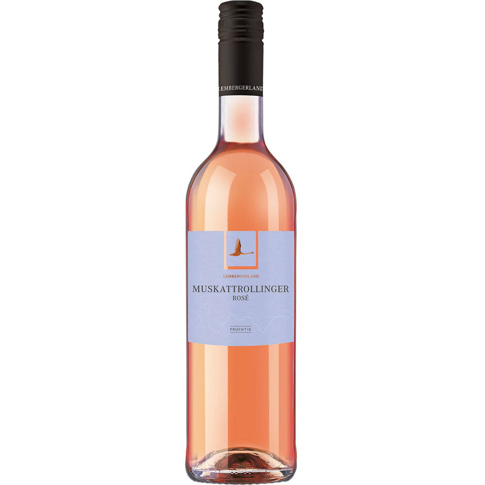 Eine Flasche Lembergerland Kellerei Rosswag Muskattrollinger QbA Rosé 2024 mit hellblauem Etikett und schwarzem Schraubverschluss, die den lebendigen Charakter des württembergischen Weins unterstreicht.