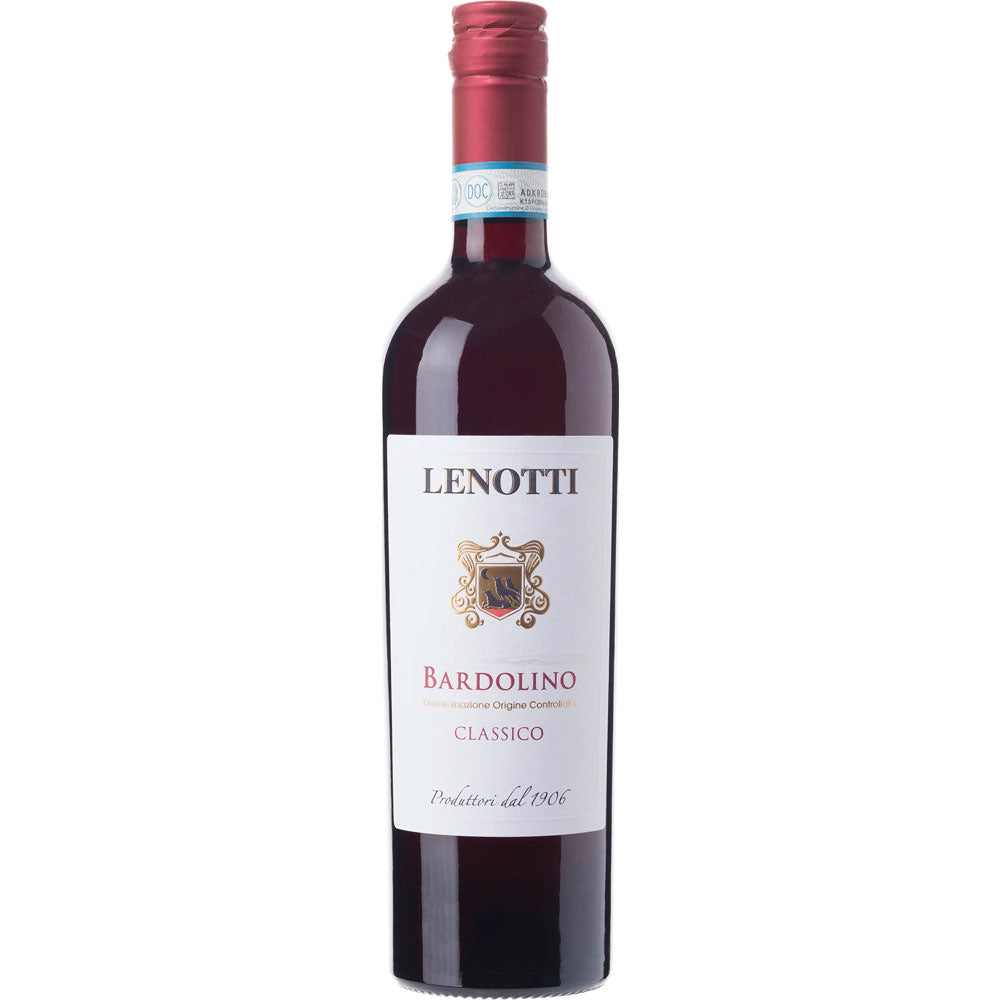 Eine Flasche Lenotti Bardolino Classico DOC 2023 Rotwein von Lenotti, mit rotem Verschluss und weißem Etikett - ein echter Gardasee Wein.