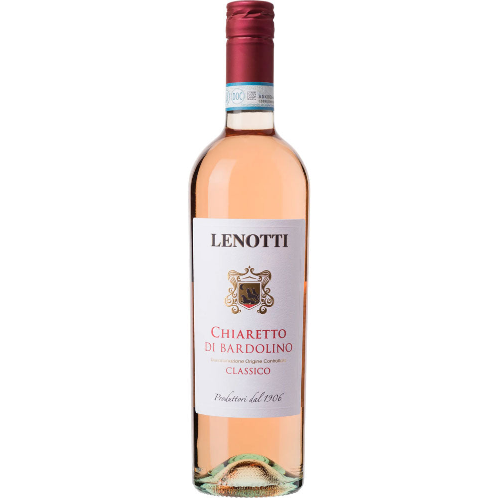 Eine Flasche Lenotti Chiaretto di Bardolino Classico DOC 2025 Roséwein mit rotem Folienverschluss, der die Eleganz des Rosé Gardasee verkörpert.