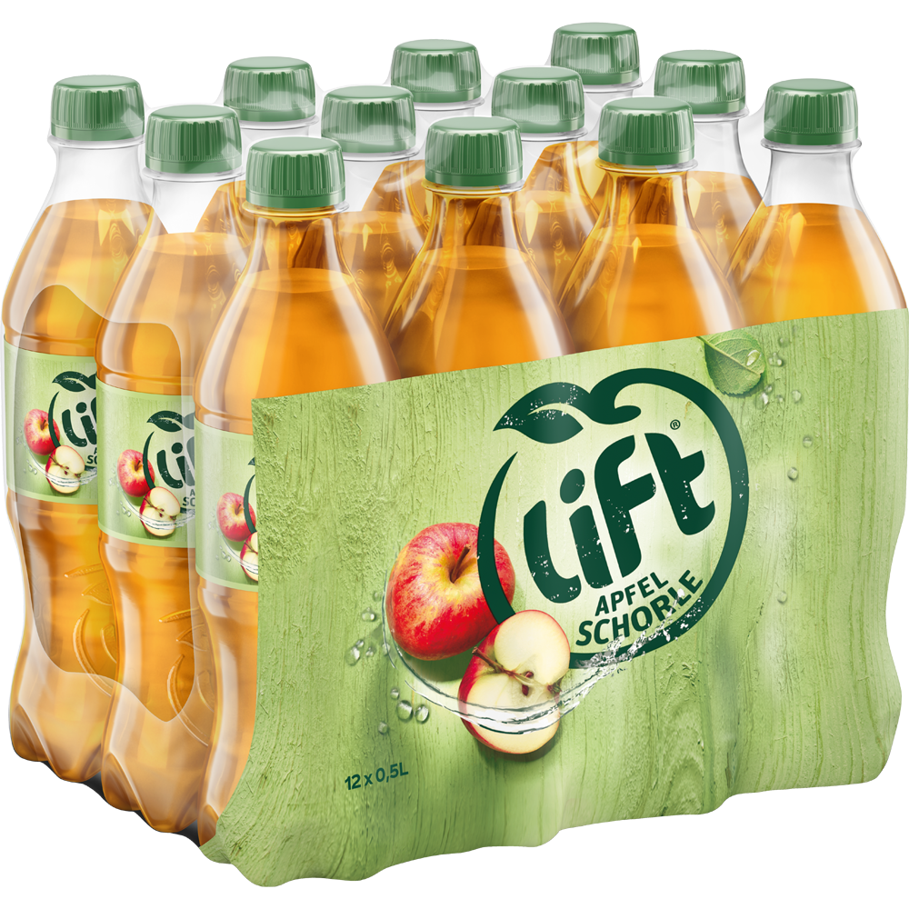 Zwölf 0,5-Liter-Flaschen Lift Apfelschorle EW PET, ein Apfelgetränk aus Apfelsaftkonzentrat und natürlichem Aroma, in einer grünen Kunststoffverpackung.