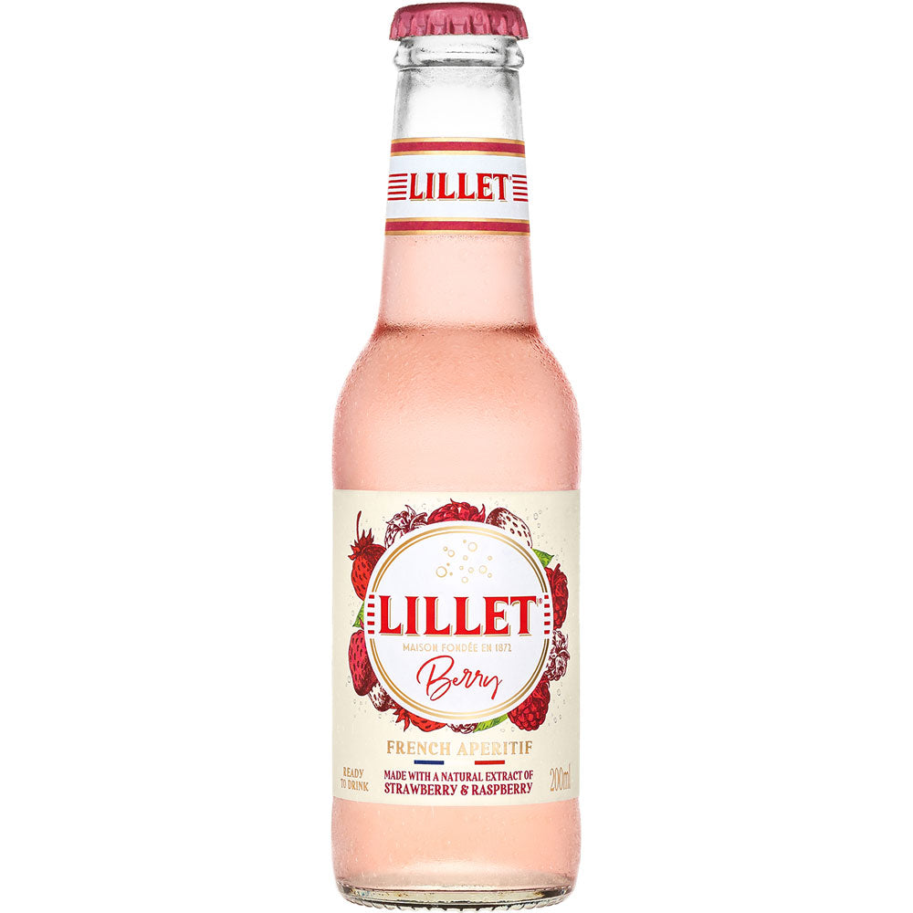 Eine gekühlte 0,2L Flasche Lillet Berry Ready to Drink (10,3% ABV) von Lillet mit einem Etikett mit Erdbeeren und Himbeeren.