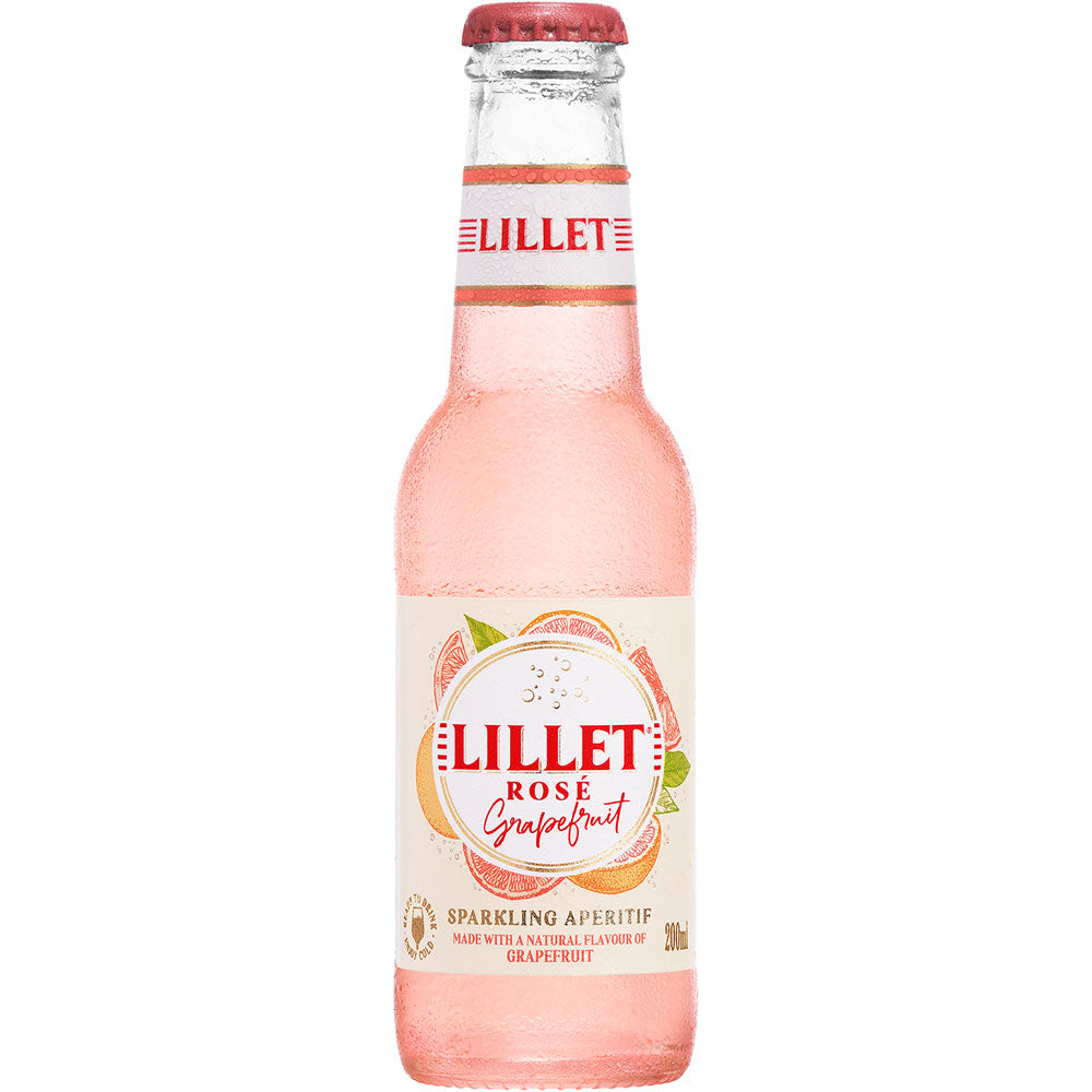Eine gekühlte Flasche Lillet Rosé Grapefruit Ready to drink (10,3 % vol, 0,2 l) von Lillet mit rosafarbenem Etikett und lebhaften Grapefruit-Aromen, mit einer eleganten Grapefruit-Illustration.