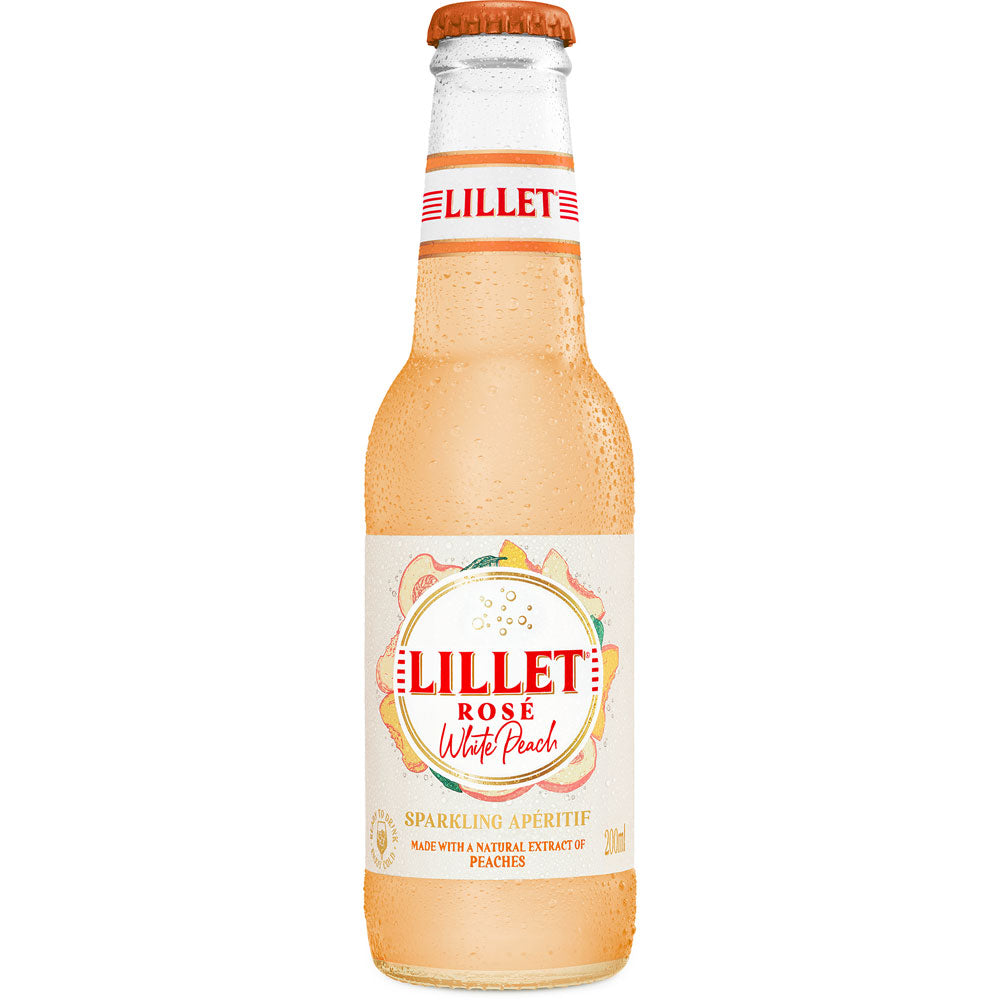 Eine 0,2-Liter-Flasche Lillet Rosé White Peach Ready to Drink (10,3%) von Lillet bietet einen pfirsichfarbenen Aperitif mit weißem Etikett, der den Geist der französischen Aperitifkultur widerspiegelt.