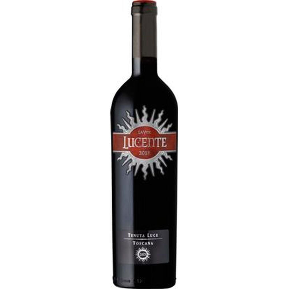 Eine Flasche Tenuta Luce Lucente Toscana IGT 2022 Rotwein, eine toskanische Mischung aus Merlot und Sangiovese von Tenuta Luce, mit einem Sonnenschliff auf dem Etikett.
