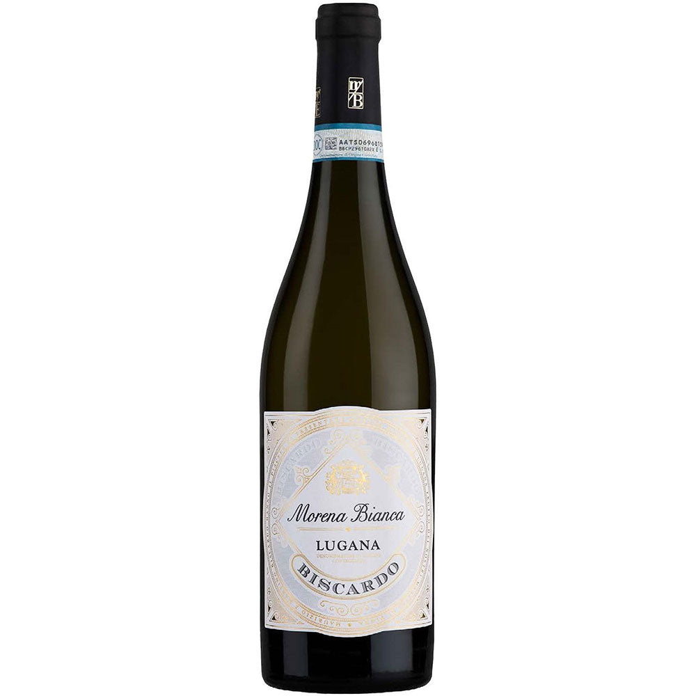 Eine Flasche Mabis Morena Bianca Lugana DOC 2025 Weißwein aus Italien, mit einem Creme- und Gold-Etikett, hergestellt aus Trebbiano di Lugana Trauben.