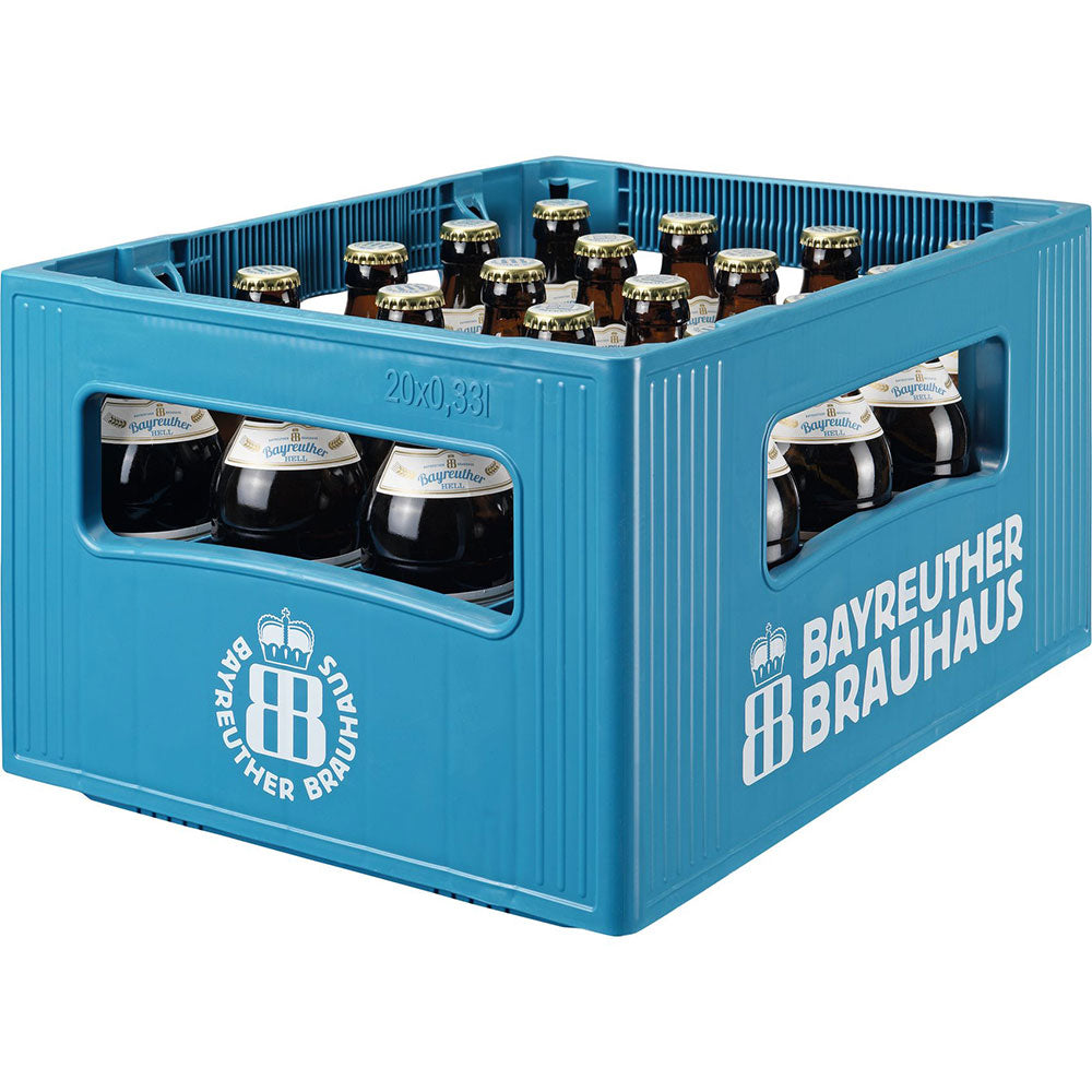 Ein blauer Kasten mit Maisel's Weisse Bierflaschen mit der Aufschrift "Maisel Bayreuther Hell 20x 0,33 Liter (MEHRWEG)" zeigt das Logo der Marke und unterstreicht die echte bayerische Braukunst.
