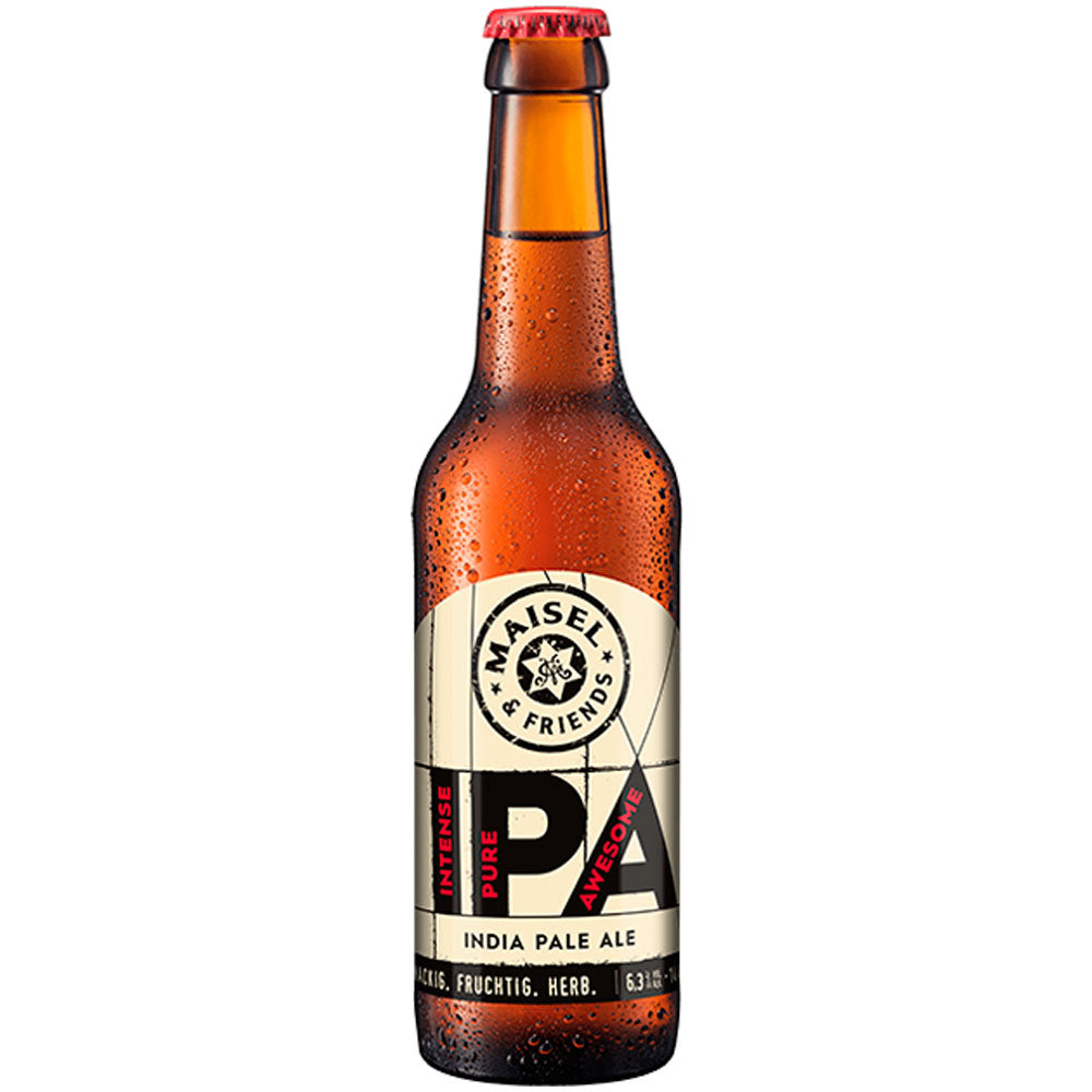Maisel & Friends IPA Indian Pale Ale 4x6er 24x0,33L (MEHRWEG) kommt in Braunglasflaschen mit einem cremefarbenen und schwarzen Etikett mit der Aufschrift "IPA". Dieses kräftige Craft Beer ist für seinen erfrischenden Geschmack und seinen unverwechselbaren Stil bekannt.