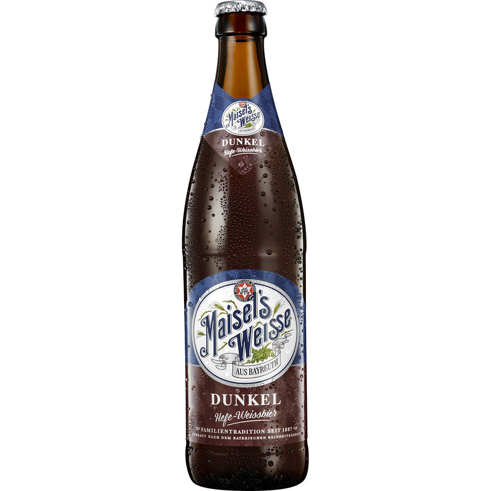 Eine dunkelbraune Flasche Maisel's Weisse Hefe Dunkel 20x 0,5 Liter (MEHRWEG) mit Kondenswasser und einem blau-weissen Etikett.