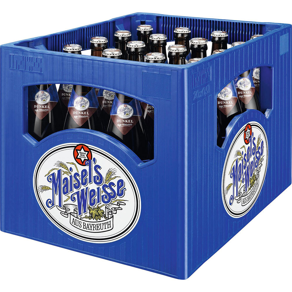 Eine blaue Kiste mit dem Logo von Maisel's Weisse, gefüllt mit 20 Flaschen (je 0,5 l) Maisel Hefe Dunkel (Mehrweg).