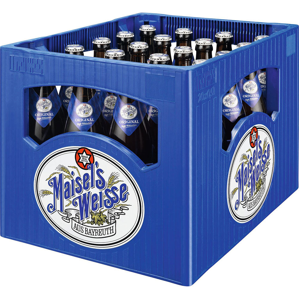 Ein blauer Kasten Maisel's Weisse Original Hefe-Weissbier 20x 0,5L (MEHRWEG) Flaschen, mit dem Maisel's Weisse Logo und in klassischer bayerischer Weissbier Tradition.