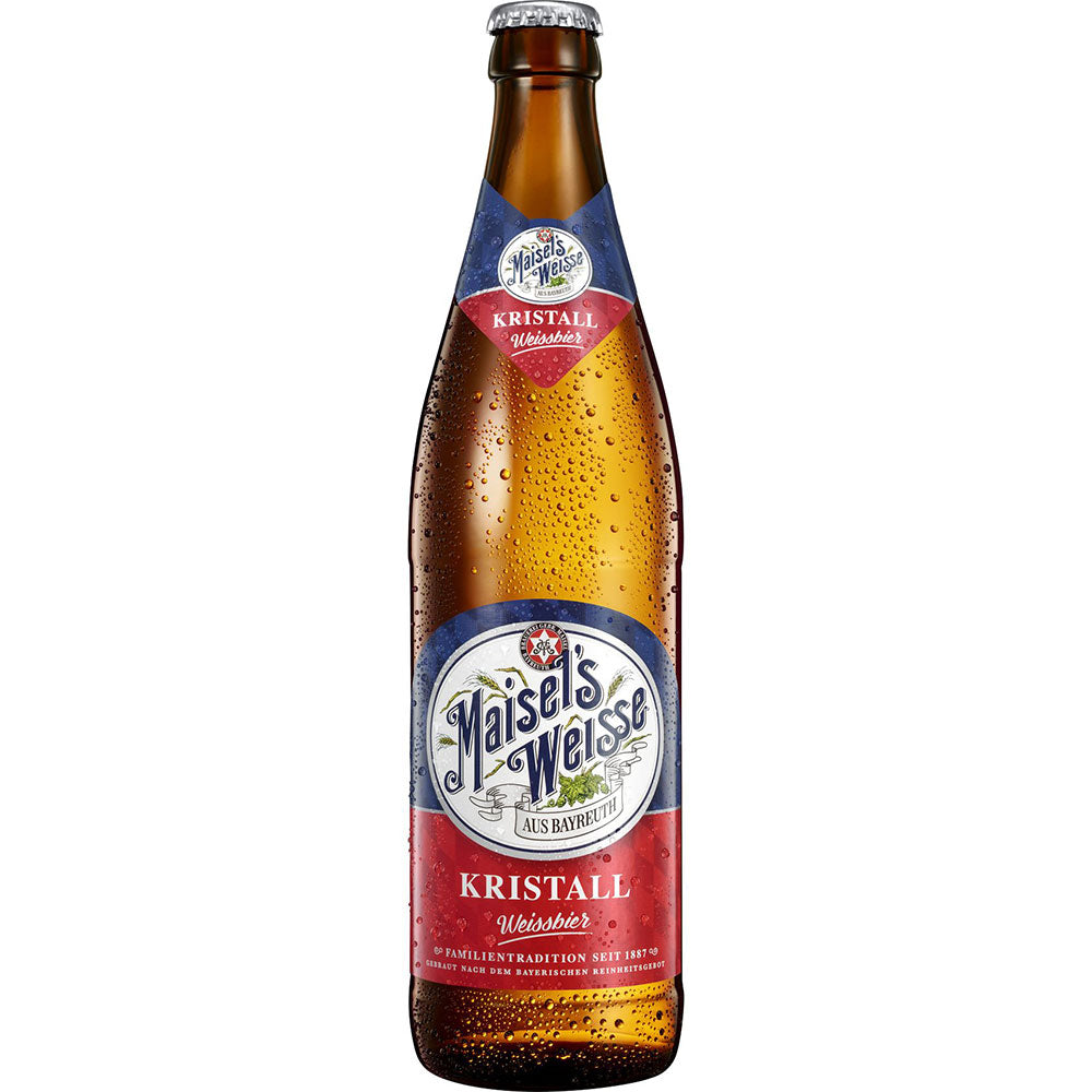 Eine gekühlte Flasche Maisel's Weisse Kristall 20x 0,5 Liter (MEHRWEG) steht aufrecht mit einem roten Etikett, das die frische Klarheit dieses klassischen Kristallweizens unterstreicht.