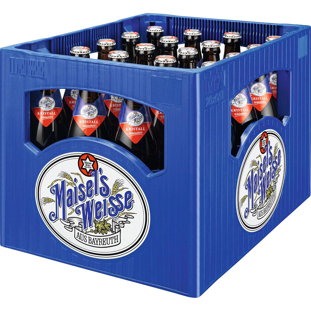 Eine blaue Kiste mit 20 Flaschen (je 0,5 l) Maisel's Weisse Kristall, mit der Aufschrift Aus Bayreuth auf der Seite.