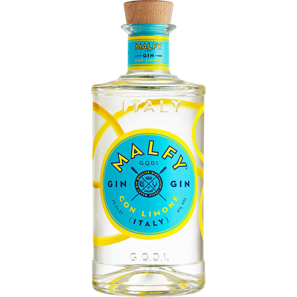 Eine 0,7-Liter-Flasche Malfy Gin Con Limone 41% von Malfy Gin, inspiriert von Amalfi-Zitronen, mit blau-gelbem Etikett und Holzkorken.