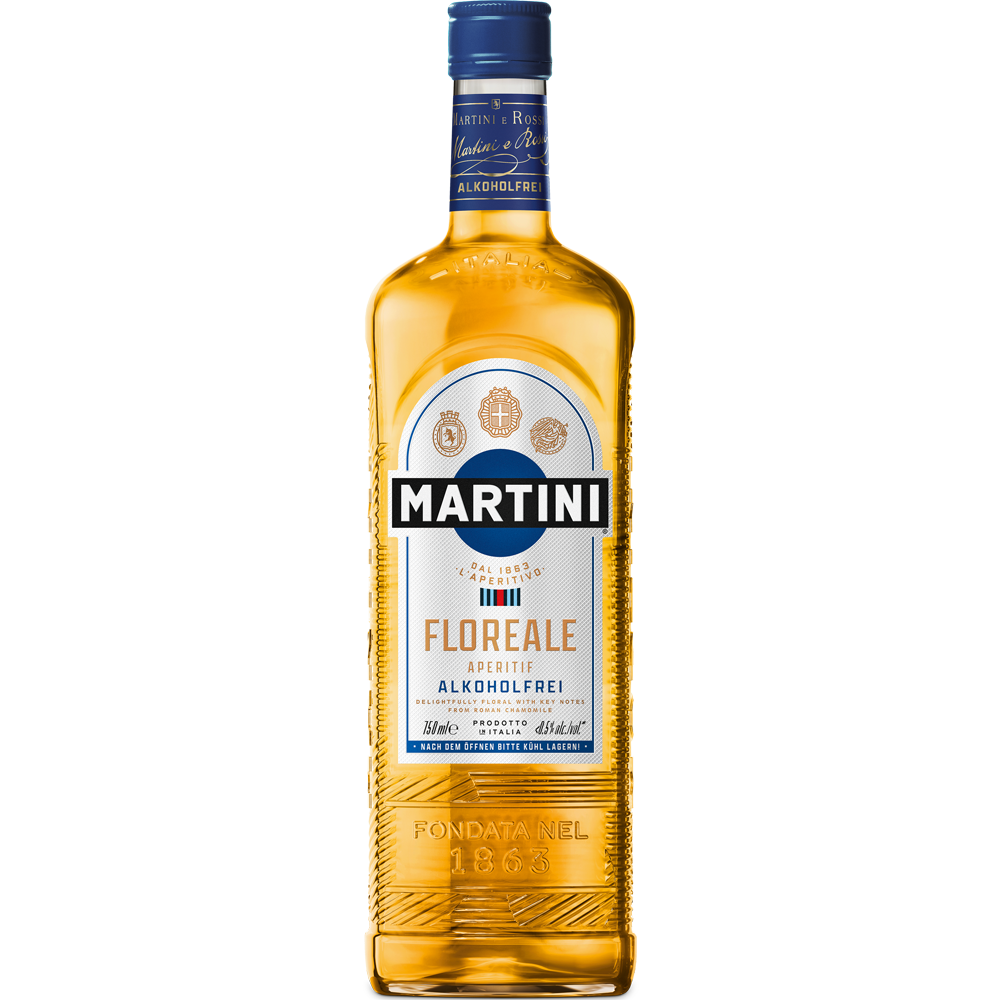 Eine Flasche Martini Floreale alkoholfrei 0,75 Liter von Martini, ein alkoholfreier Aperitif auf Basis entalkoholisierten Weißweins, mit goldenem Etikett vor weißem Hintergrund.