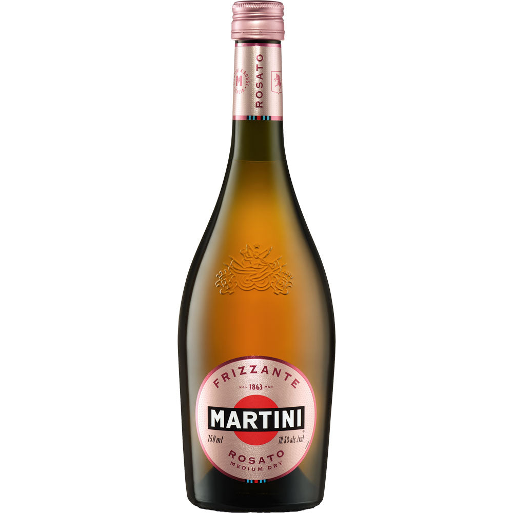 Eine 0,75-Liter-Flasche Martini Prosecco Rosato Frizzante Medium Dry, ein italienischer Schaumwein von Martini, mit rosa Etikett und Folienverschluss.