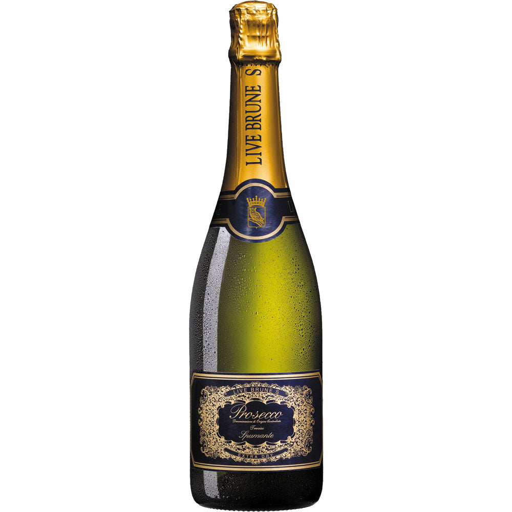Eine gekühlte Flasche Cantine Maschio Maschio Live Brune S Spumante Extra Dry Prosecco DOC 0,75L mit einem goldenen und blauen Etikett mit passender Folie am Hals.