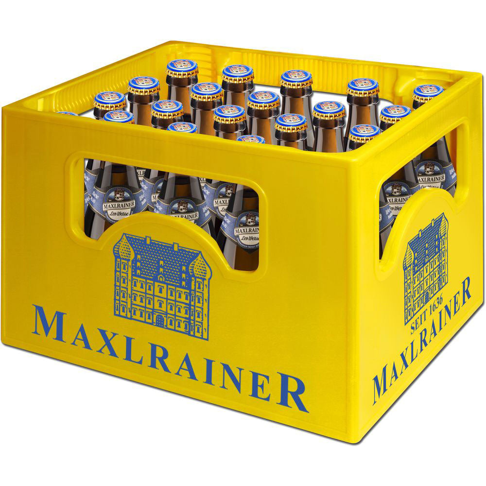 Eine gelbe Kiste Maxlrainer Leo Weisse Hefeweizen (20x0,5L, MEHRWEG) mit blauem Branding und einer Gebäudeillustration repräsentiert den klassischen bayerischen Weißbierstil.