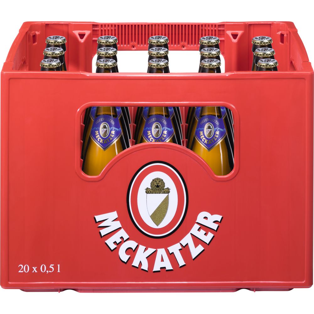 Roter Kasten Meckatzer Hefeweizen Hell (20x 0,5L Mehrwegflaschen), sichtbar durch die vordere Öffnung - ein wahrer Geschmack von Allgäuer Brautradition.