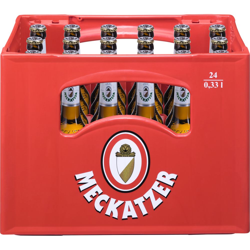 Roter Kasten mit 24 Flaschen Meckatzer Löwen-Pils 0,33L (MEHRWEG) von Meckatzer, mit dem sichtbaren Logo und dem Wappen auf der Seite.