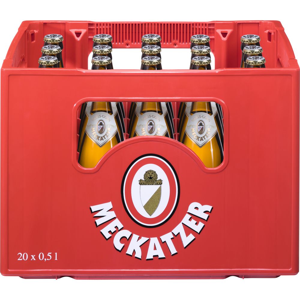Eine rote Kiste mit der Aufschrift Meckatzer enthält 20 Glasflaschen (je 0,5 l) Meckatzer Weiss Gold, ein klassisches Helles Bier.