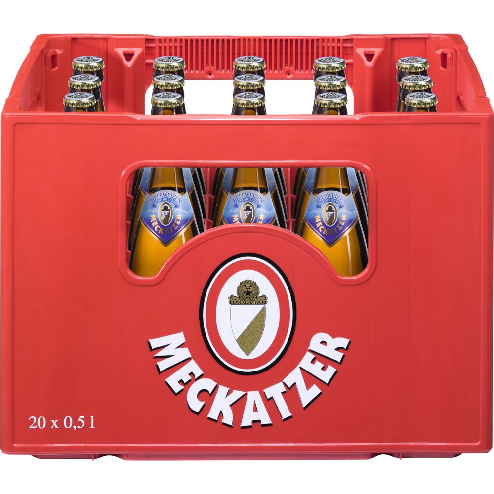 Roter Kasten mit zwanzig Meckatzer Hefeweizen Alkoholfrei 0,5L Flaschen mit sichtbaren Etiketten und einem Schildlogo auf dem Kasten.