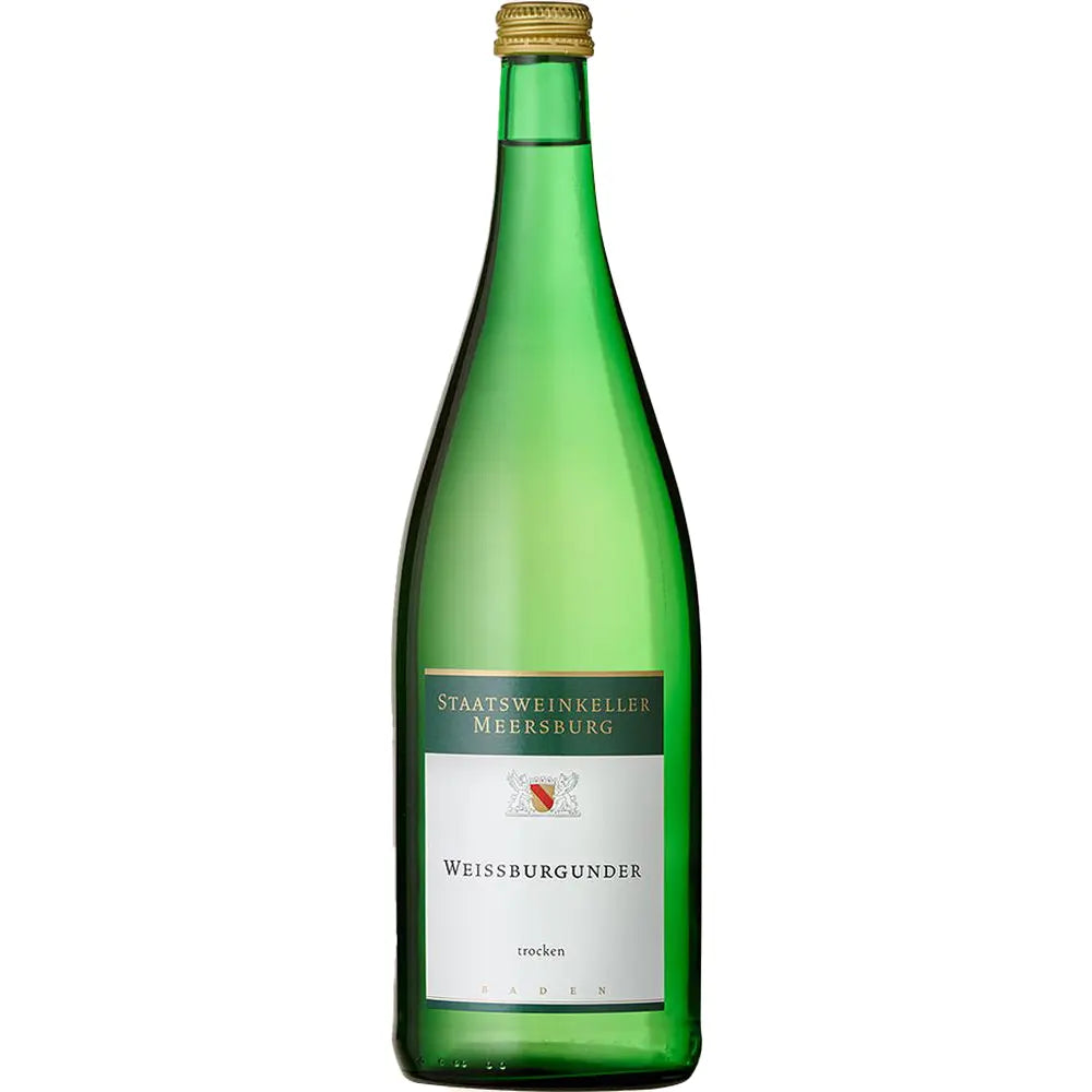 Eine grüne Flasche Staatsweingut Meersburg Meersburger Weißer Burgunder trocken (6x1L, Mehrweg), Qualitätswein Baden, unterstreicht mit ihrem goldenen Verschluss die Exzellenz von Weißwein Deutschland.