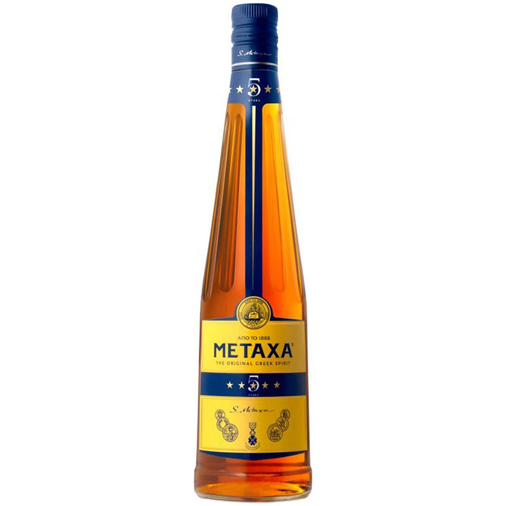 Metaxa 5* 38% 0,7 Liter: Ein griechischer Branntwein von Metaxa, präsentiert in einer Flasche mit blauem Verschluss und gelbem Etikett mit blauen und goldenen Akzenten.