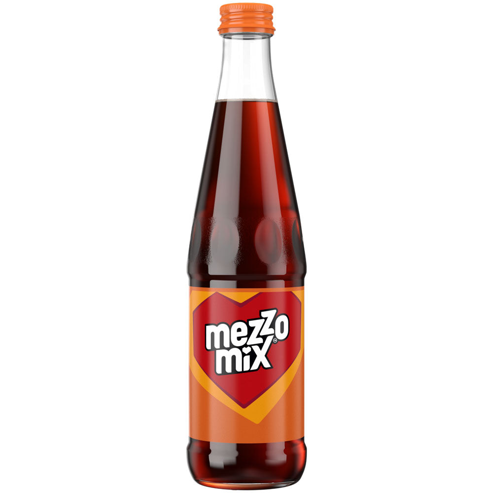 Eine Glasflasche Mezzo Mix 20x 0,4 Liter (MEHRWEG) von Mezzo Mix mit orangefarbenem Verschluss und einem herzförmigen orange-roten Cola-Orange-Etikett.