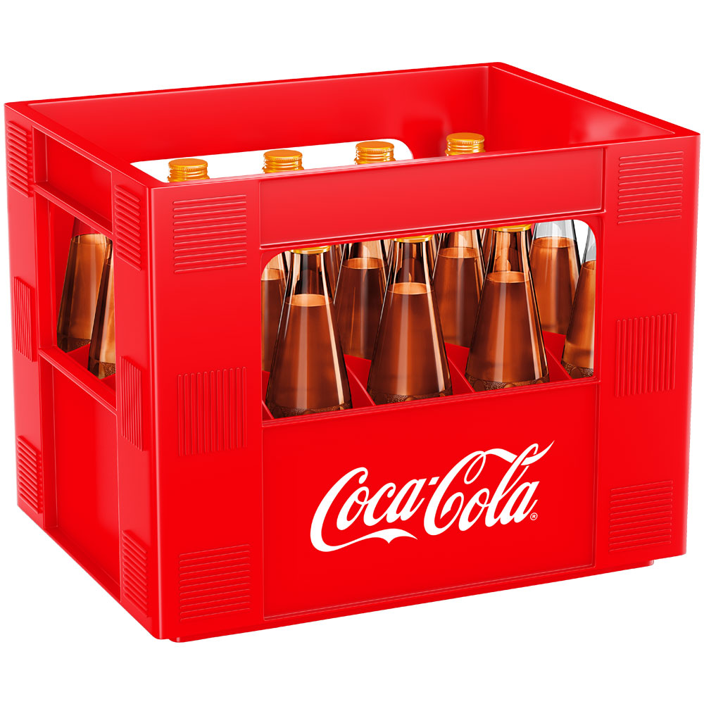 Rote Mezzo-Mix-Kiste mit mehreren 0,4-Liter-Glasflaschen, schräg auf weißem Hintergrund - ideal für Fans der klassischen Mezzo-Mix-Erfrischung. Enthält 20 wiederverwendbare Flaschen (Mehrweg).