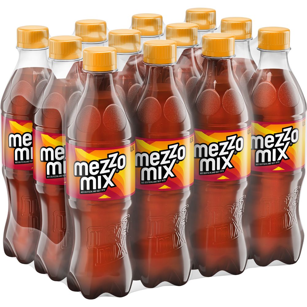 Zwölf Flaschen Mezzo Mix PEW 12x0,5 Liter (EINWEG) von Mezzo Mix in klarer Kunststoffverpackung, jeweils mit orangefarbenem Verschluss und farbigem Etikett.