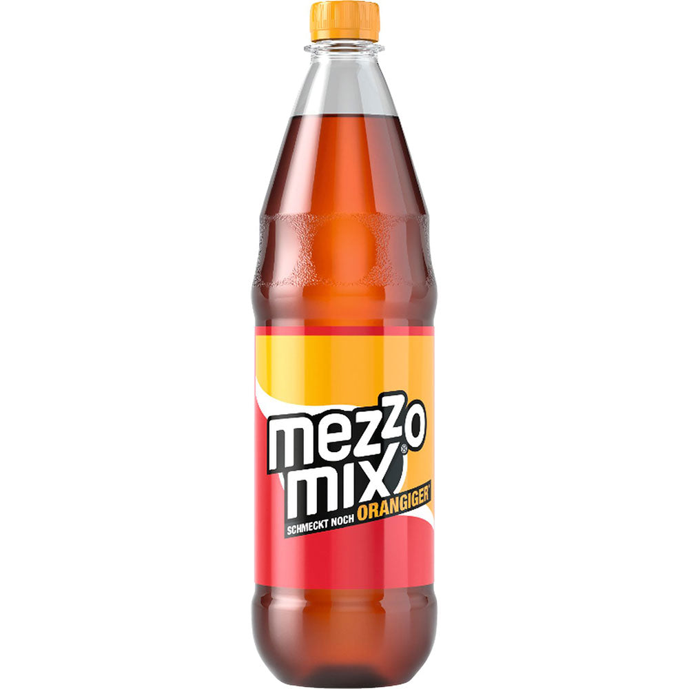 Eine 1L Mezzo Mix PET-Flasche (MEHRWEG) von Mezzo Mix mit einem orangefarbenen Verschluss und einem leuchtend roten, orangen und gelben Etikett.