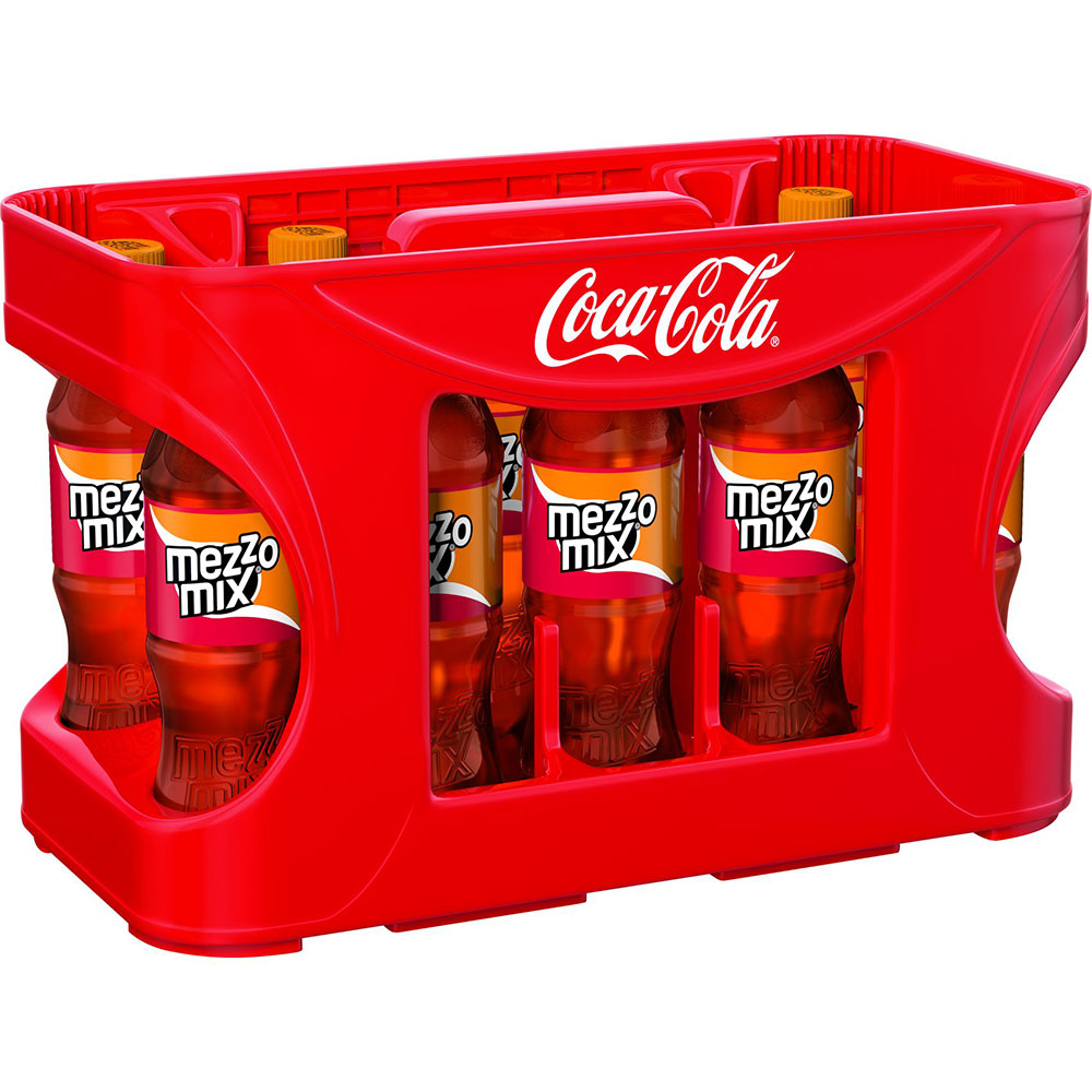 Ein roter Mezzo-Mix-Kasten mit 12 0,5-Liter-PET-Flaschen, die den einzigartigen Cola-Orange-Geschmack der beliebten Mezzo-Mix-Soda aufweisen.