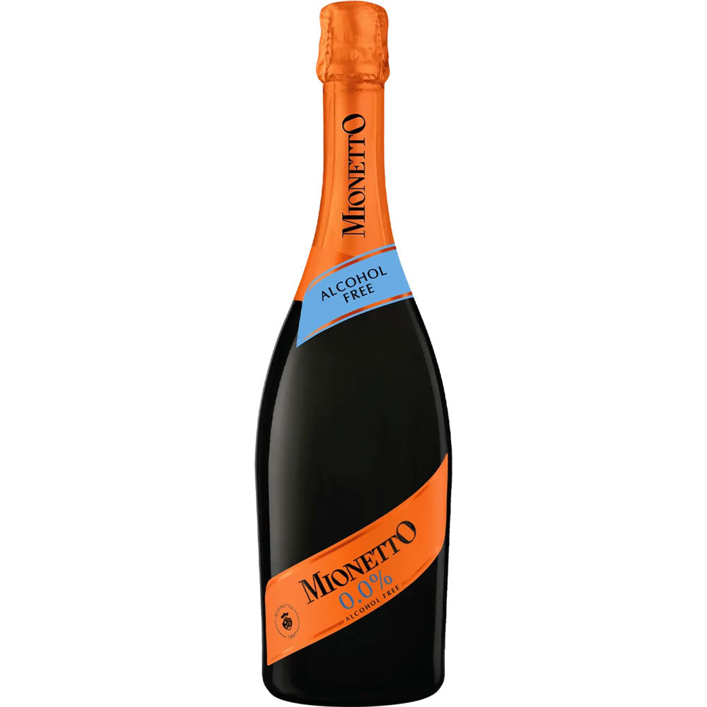 Eine 0,75-Liter-Flasche Mionetto Alkoholfrei 0,0% von Mionetto bietet den erfrischenden Geschmack von alkoholfreiem Schaumwein und ist mit einem unverwechselbaren orangefarbenen und blauen Etikett versehen.