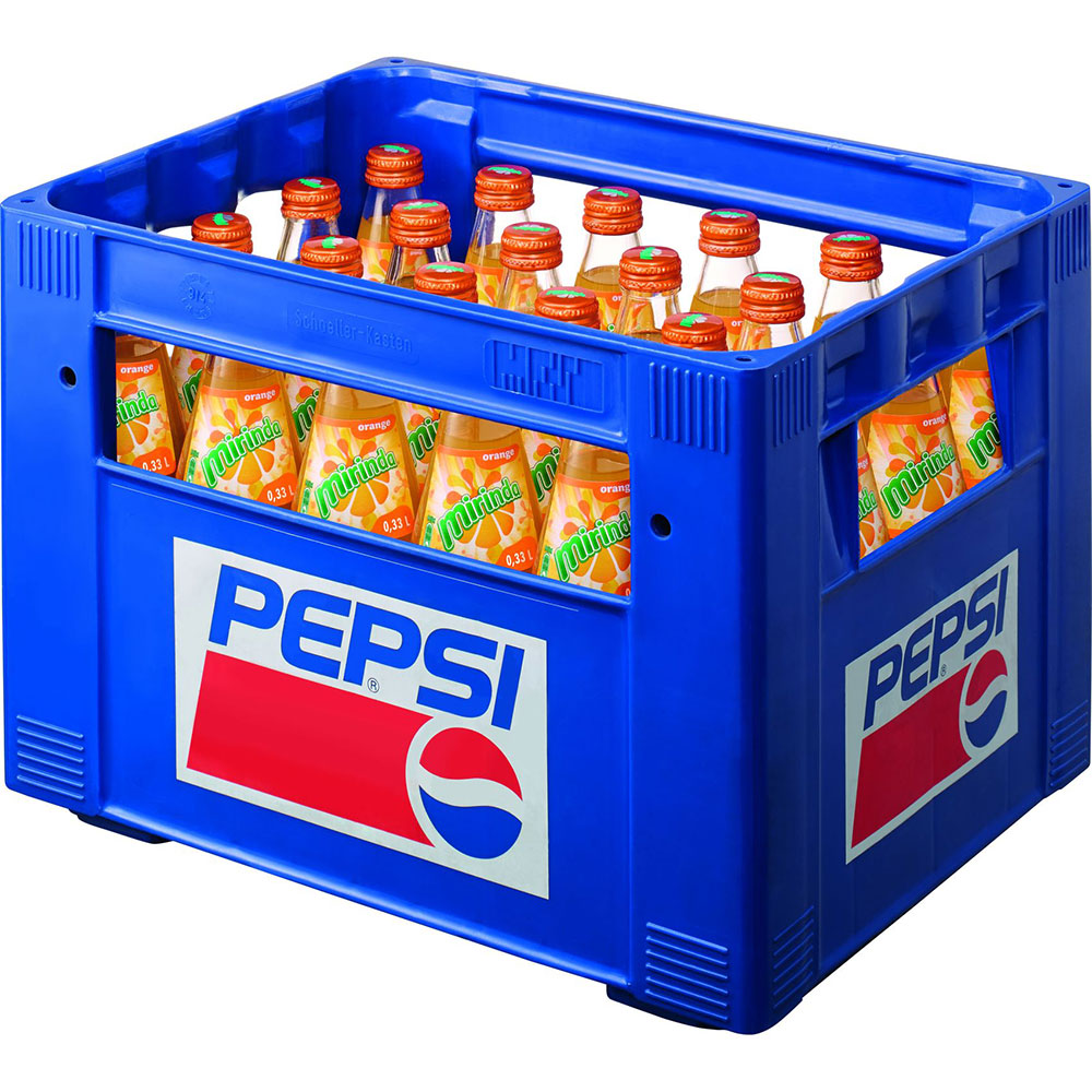 Blaue Kiste mit Pepsi-Logo, die 24 Glasflaschen Mirinda 0,33 l (MEHRWEG) enthält, die jeweils mit orangefarbenen Kappen verschlossen sind.